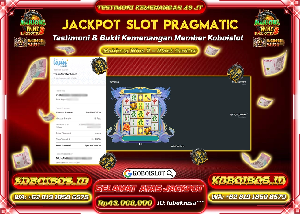 BUKTI KEMENANGAN ID lubukresa*** SLOT GACOR MAHJONG WINS 3 - BLACK SCATTER Rp43.000.000,- LUNAS